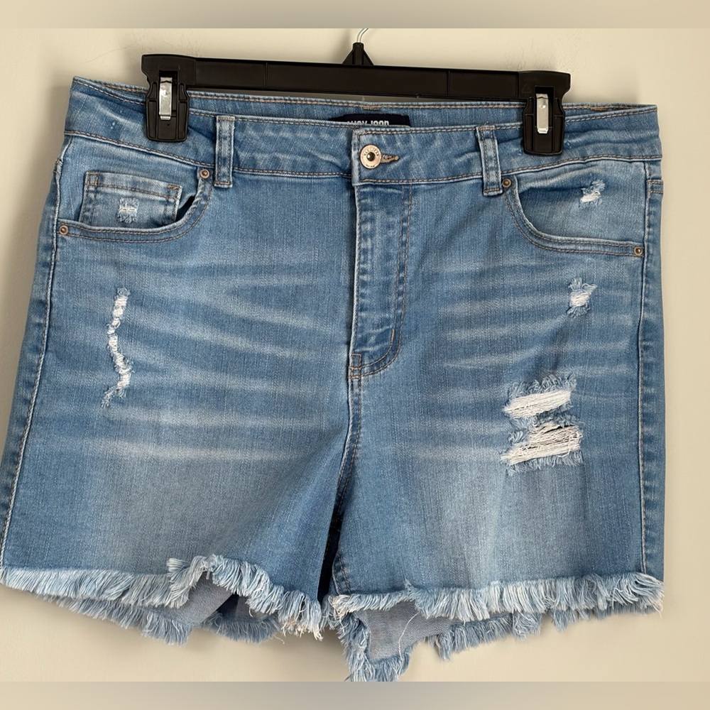 Wax Jean Shorts Light Blue Distressed Stretch Frayed Hem, Size 1XL (14W - 16W)